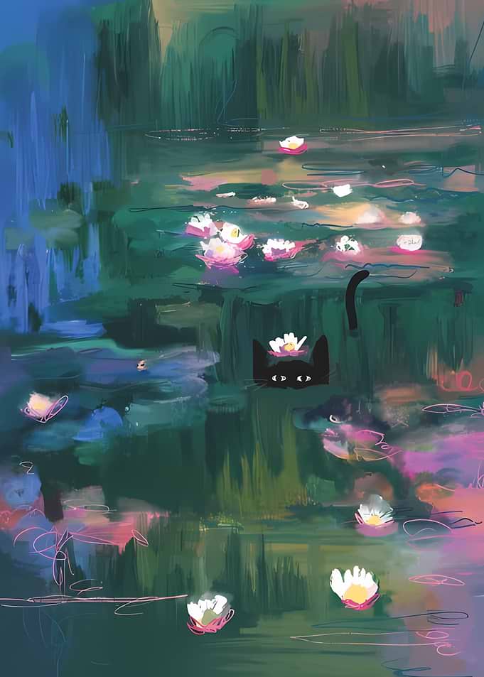 Cat in Waterlilies Monet