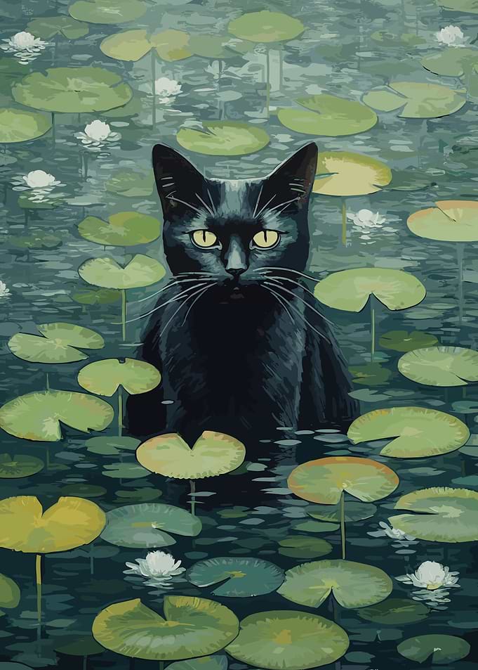 Black Cat in Waterlilies
