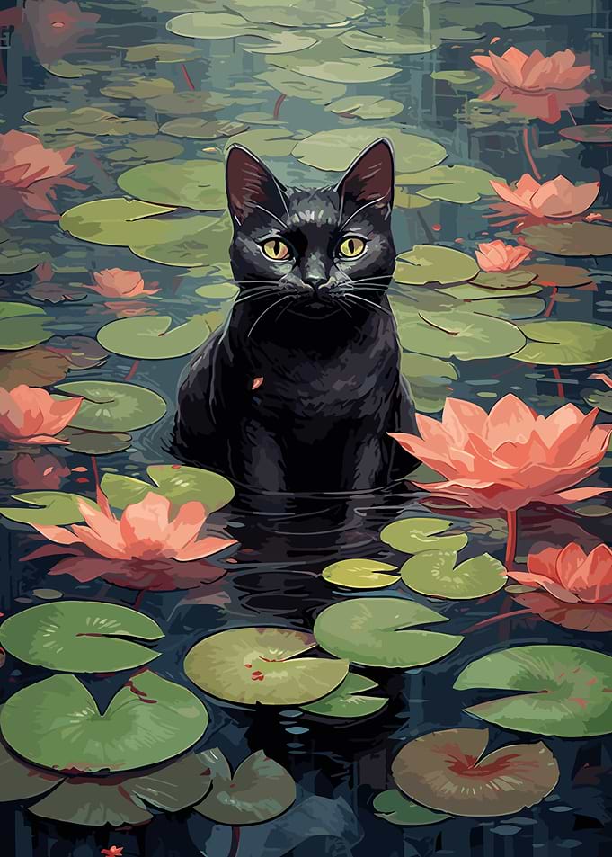 Black Cat in Waterlilies