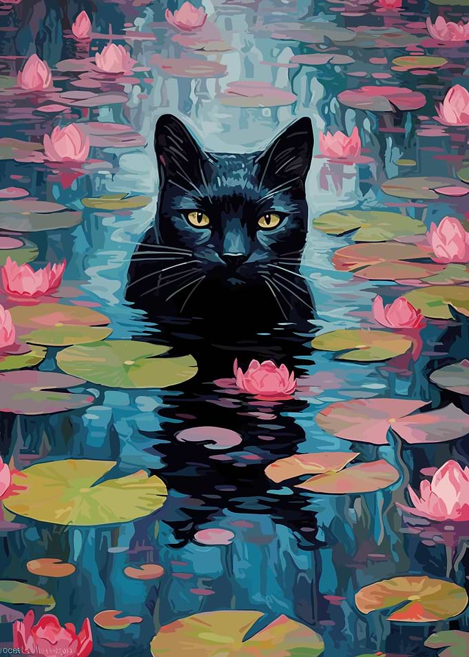 Black Cat in Waterlilies
