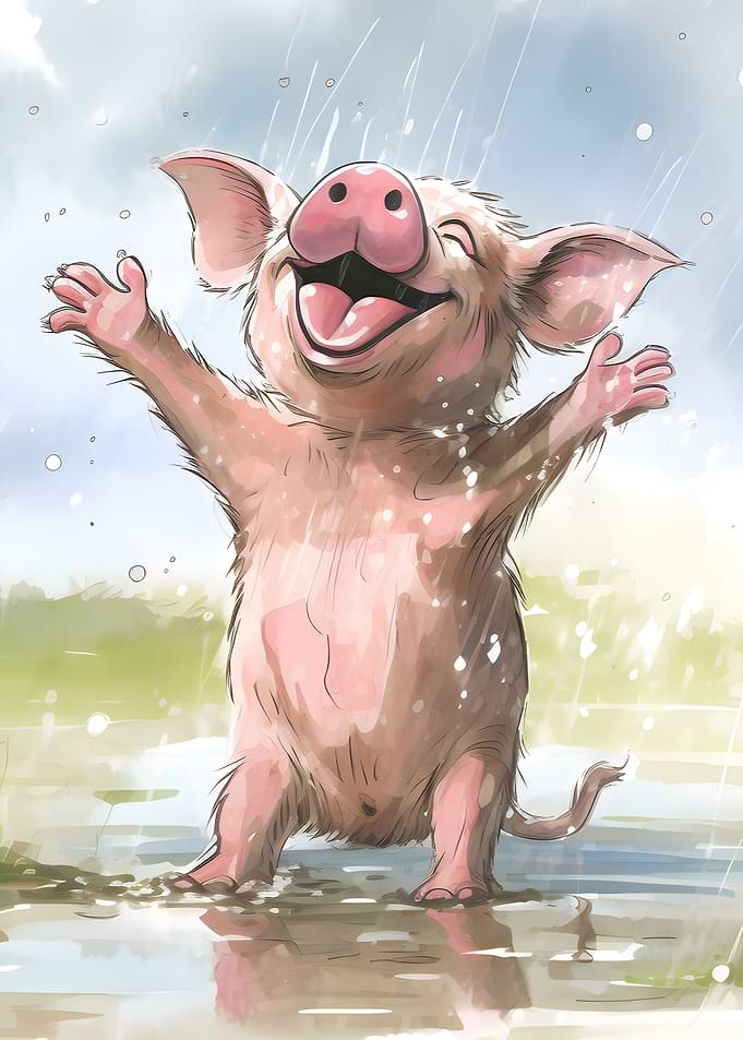 Pig is dancing in the rain