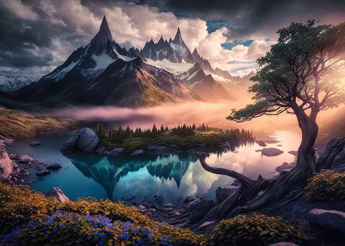 mountain valley with lake