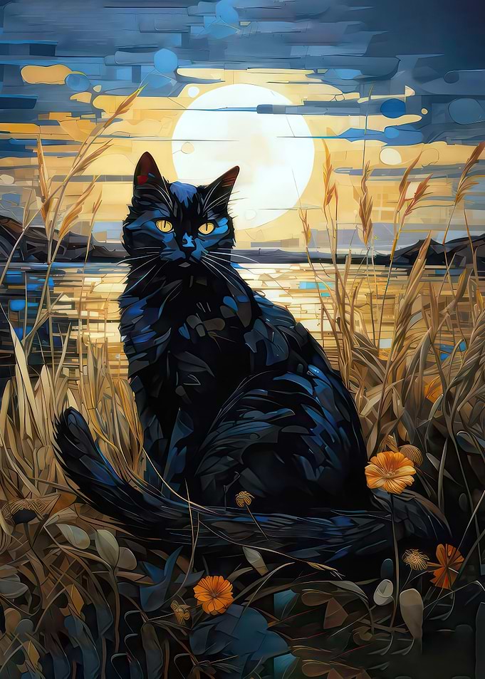 black cat painting moon