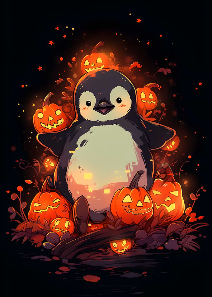 Penguin in a Pumpkin Patch