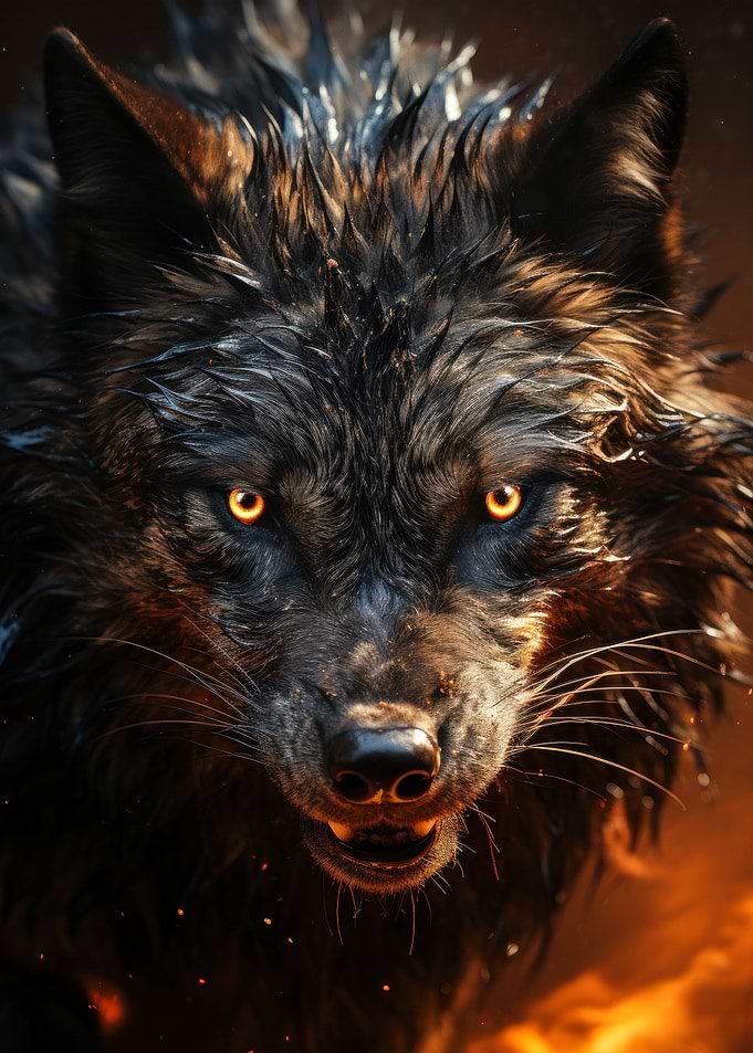 fierce black wolf in fire