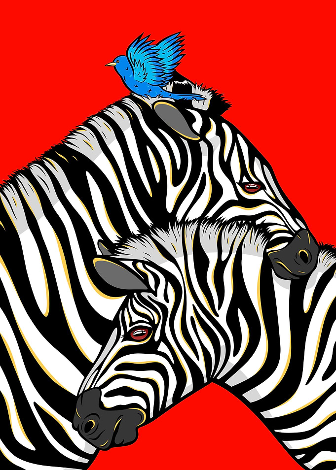Two zebras and a blue bird