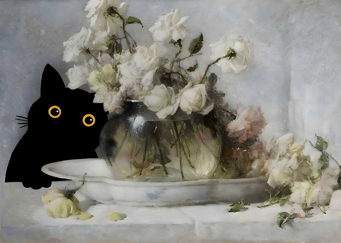 Cat with Still Life Roses