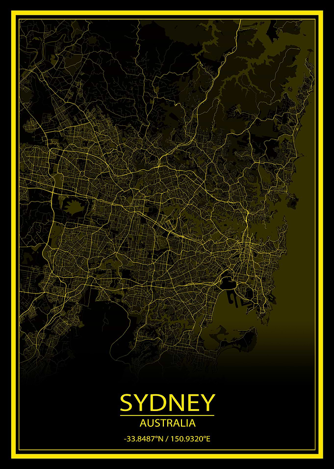 Sydney Black Yellow Map