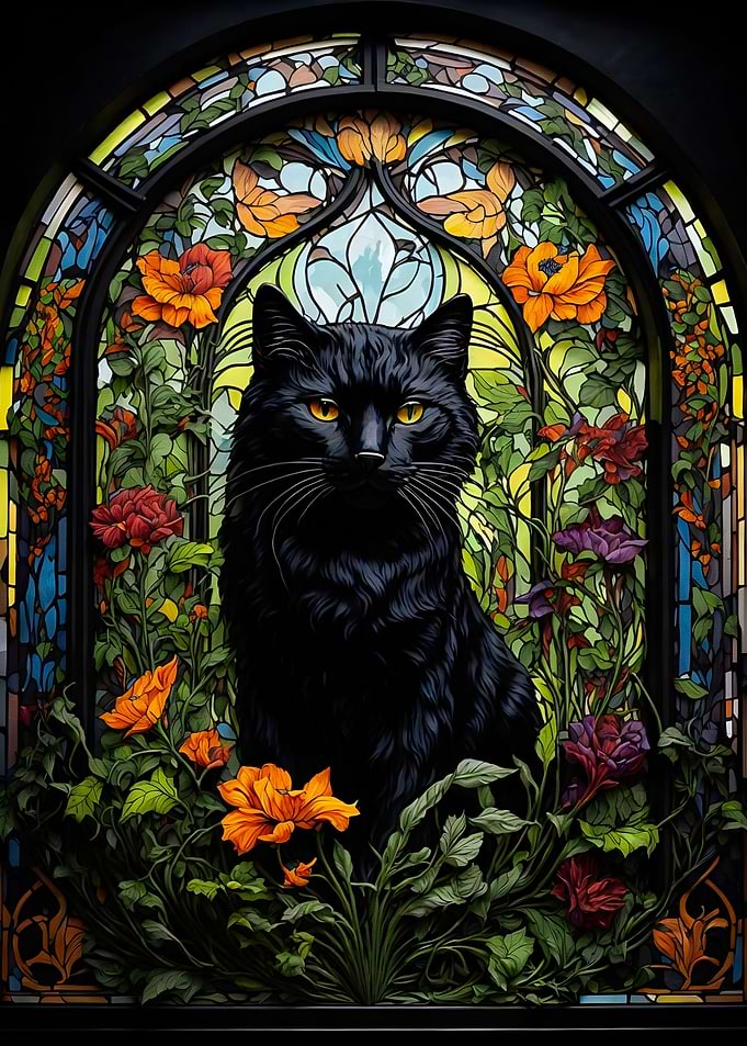 Black cat Stained Glass