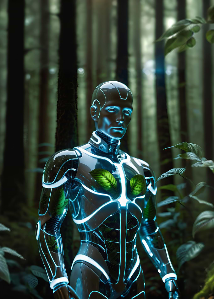 Blue cyborg in forest