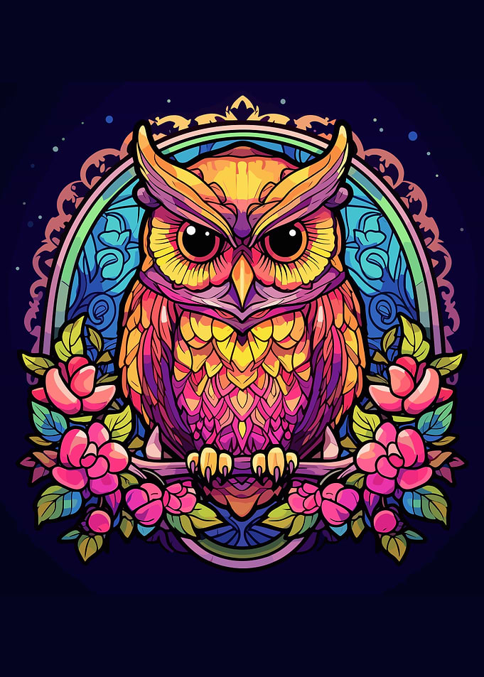 owl with colorful flowers