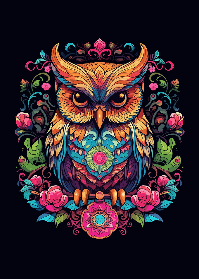 owl with colorful flowers