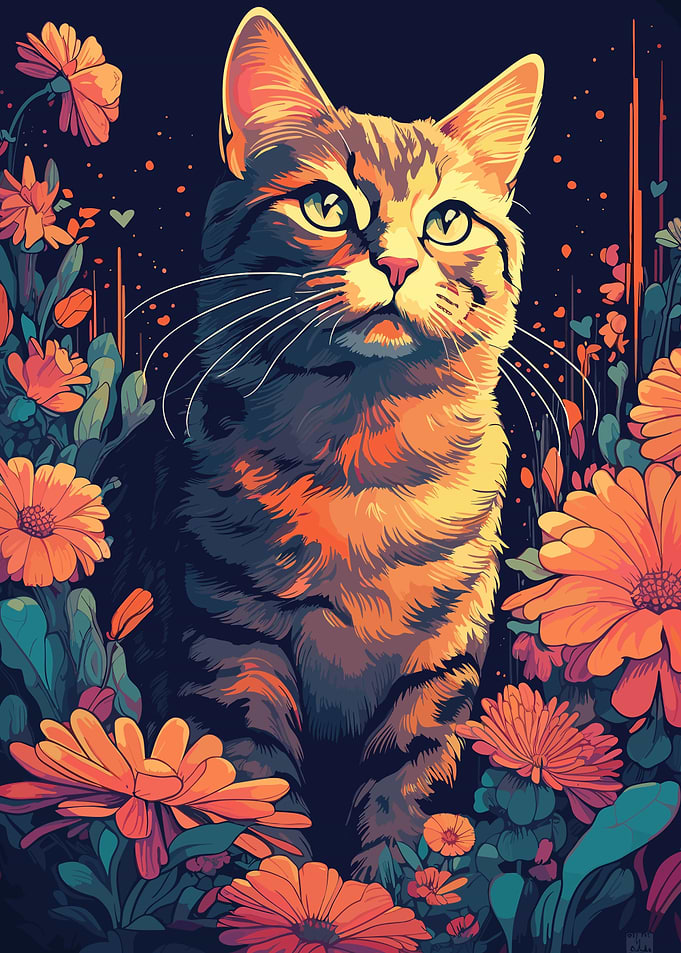 Cat Cute Flowers