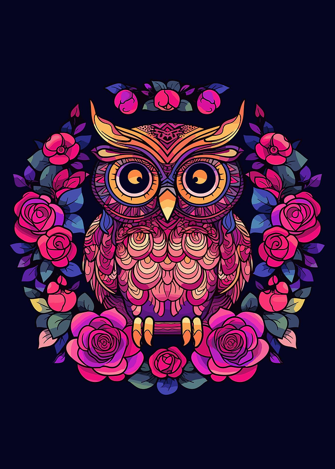 owl with colorful flowers