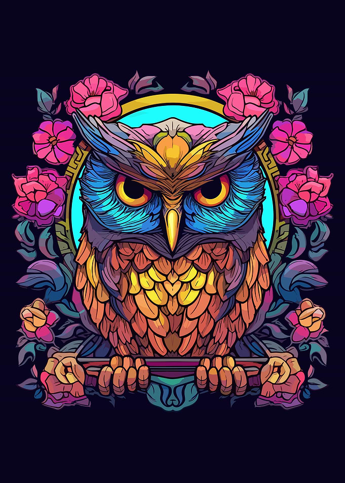 owl with colorful flowers