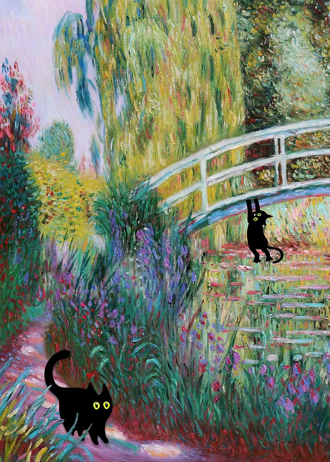 BLACK Cat Monet WaterLily