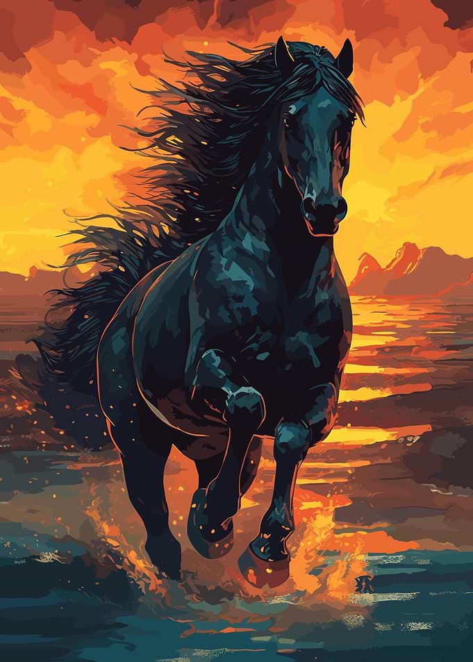 horse running at sunset