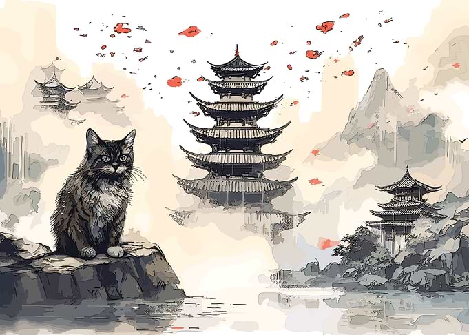 cat japanese landscape