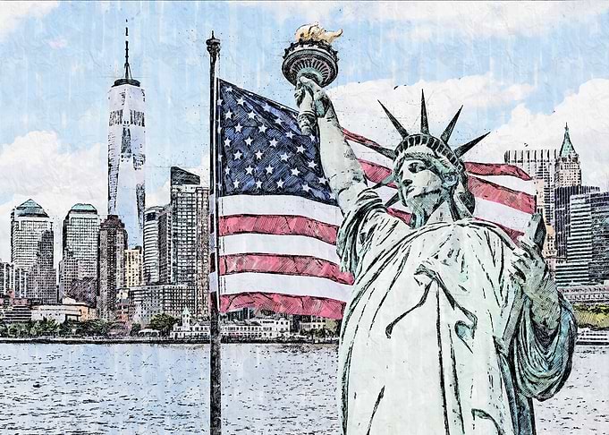 Statue of liberty and flag