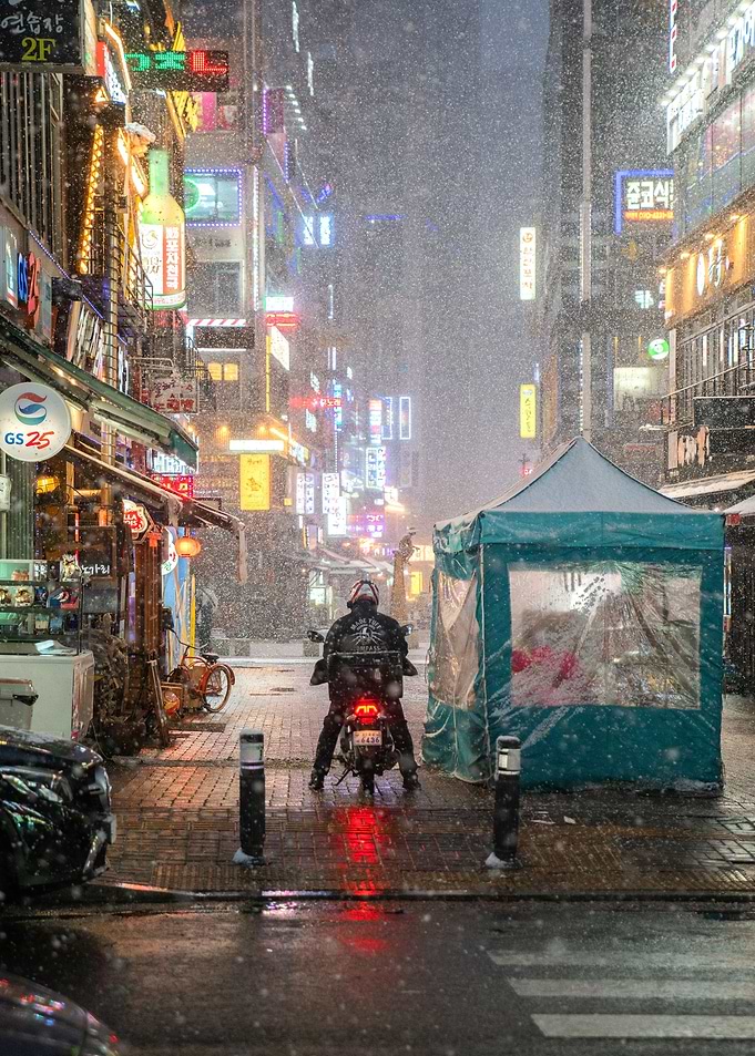 Neon Bike on Snowy Night