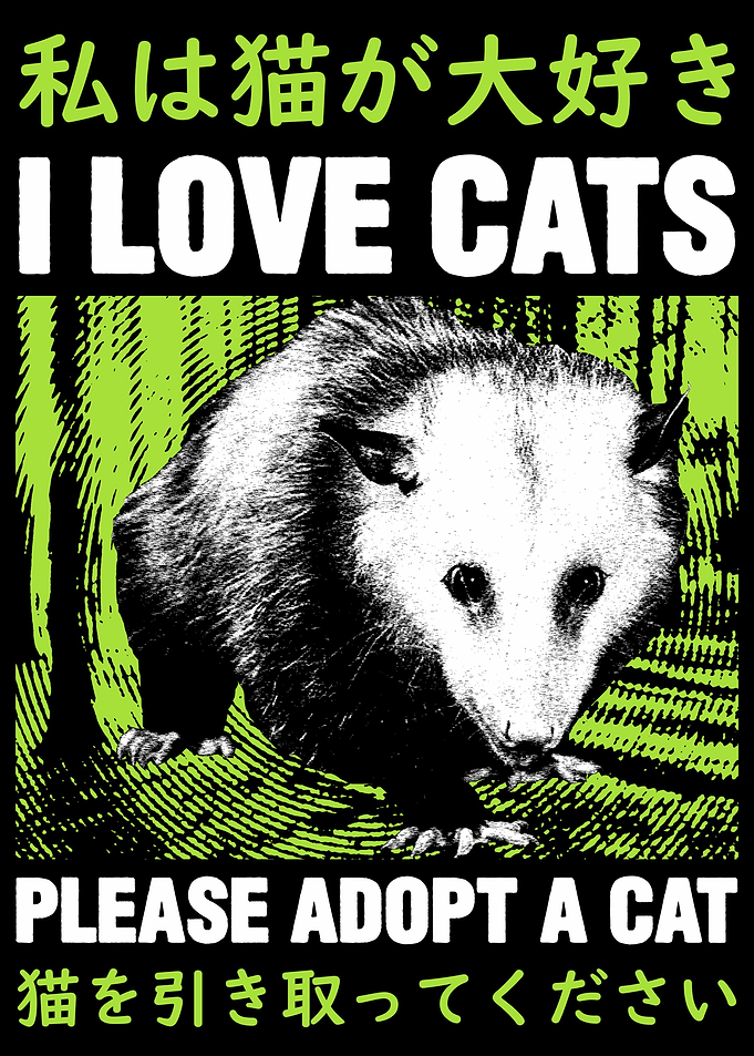 I LOVE CATS OPOSSUM GREEN