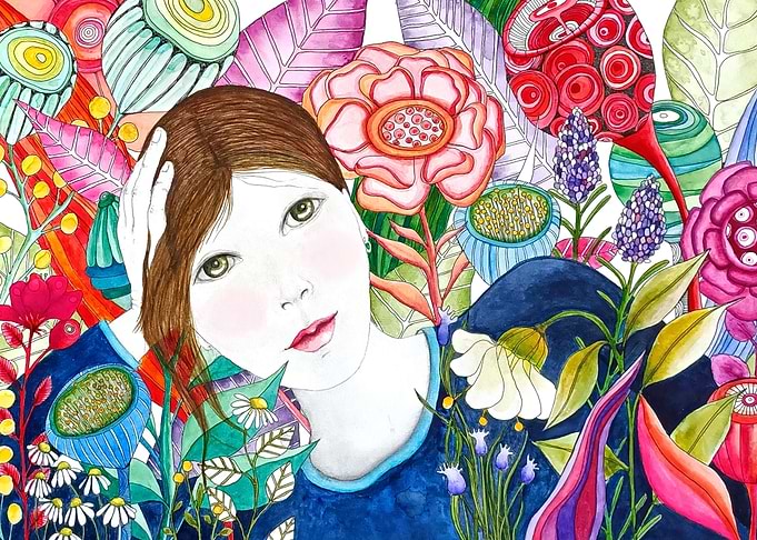 Watercolor girl in flowers