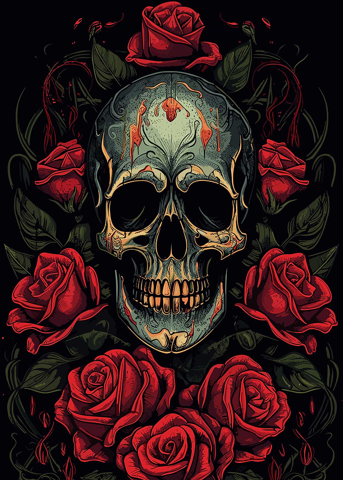 skull with red roses