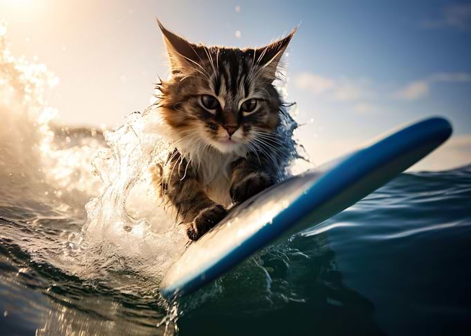Cat surfing the ocean