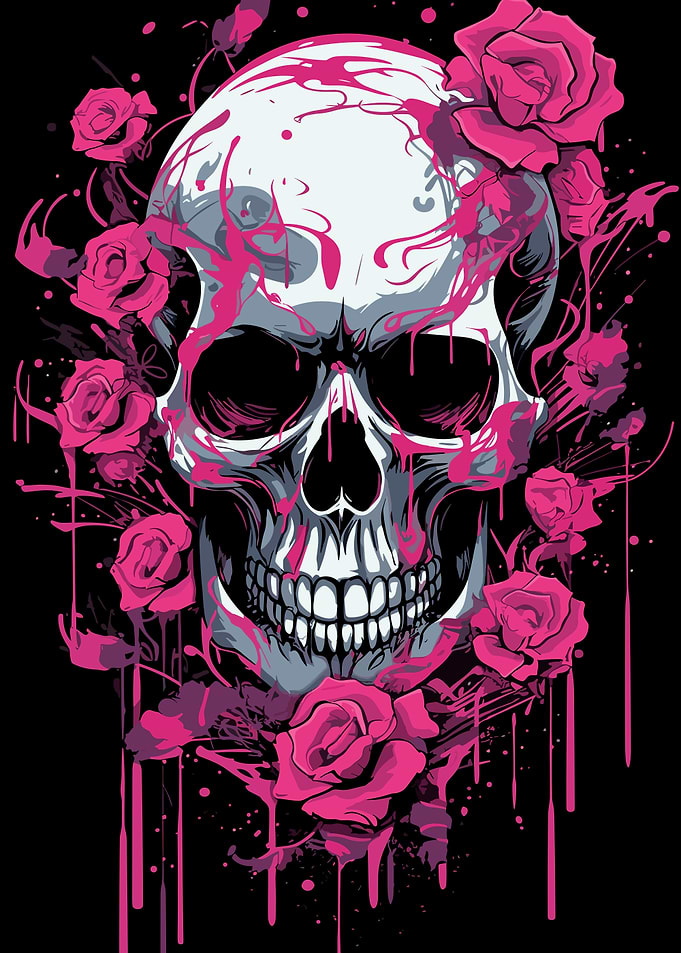 skull with red roses