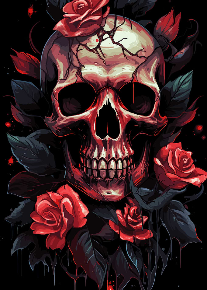 skull with red roses