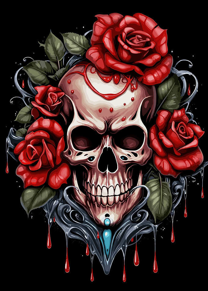 skull with red roses