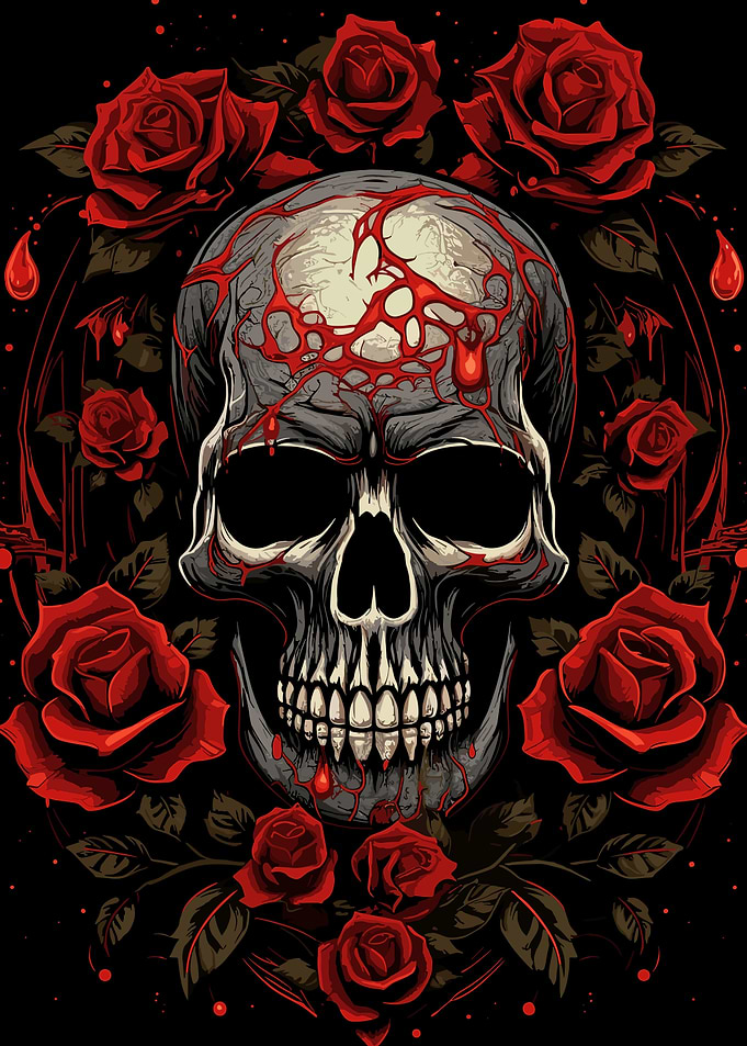 skull with red roses
