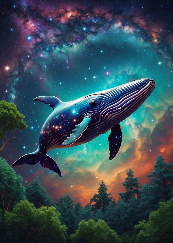 A fabulous whale flies