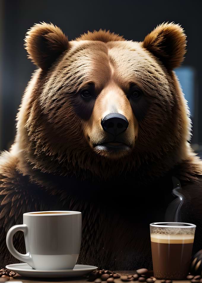 Funny drinking coffee bear