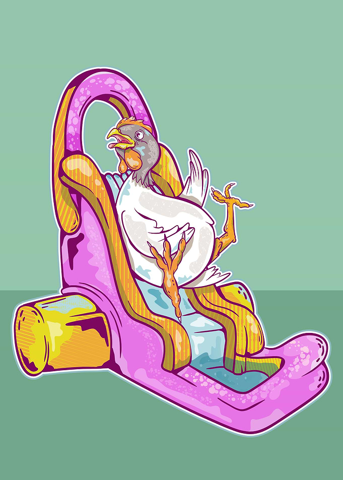 Chicken on a water slide