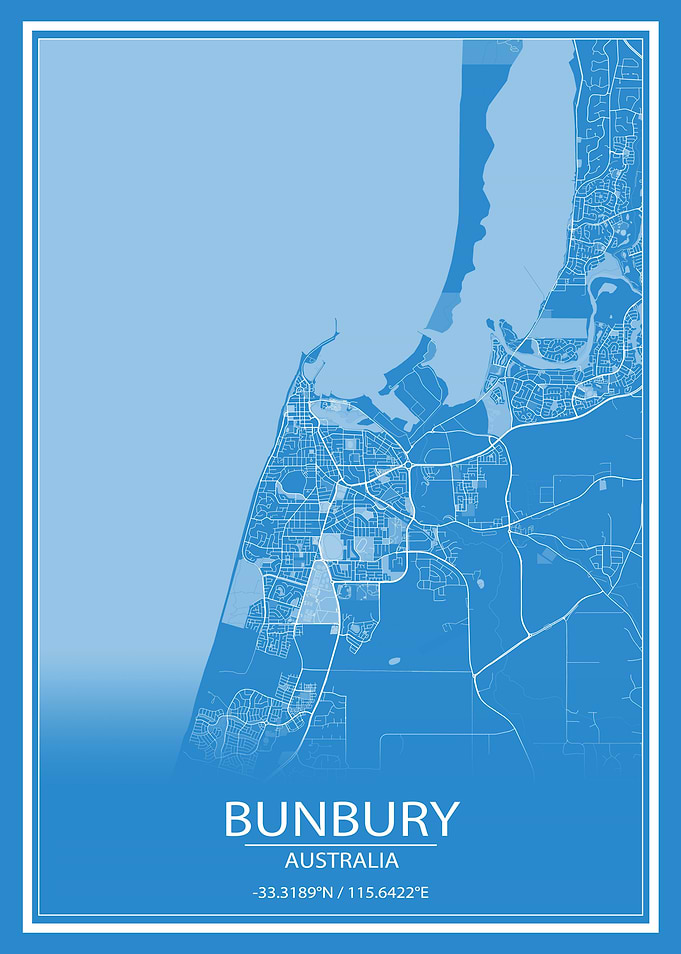 Bunbury Australia Blue Map