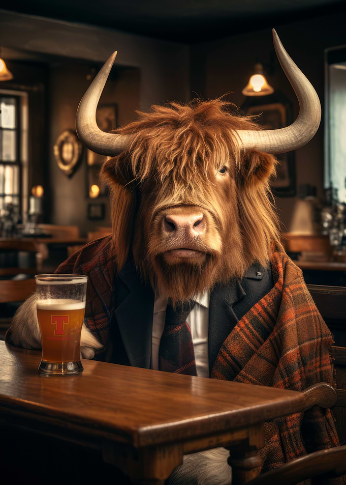 Highland Cow Drinking Beer