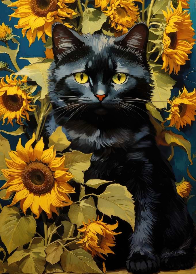 Black Cat and Flowers