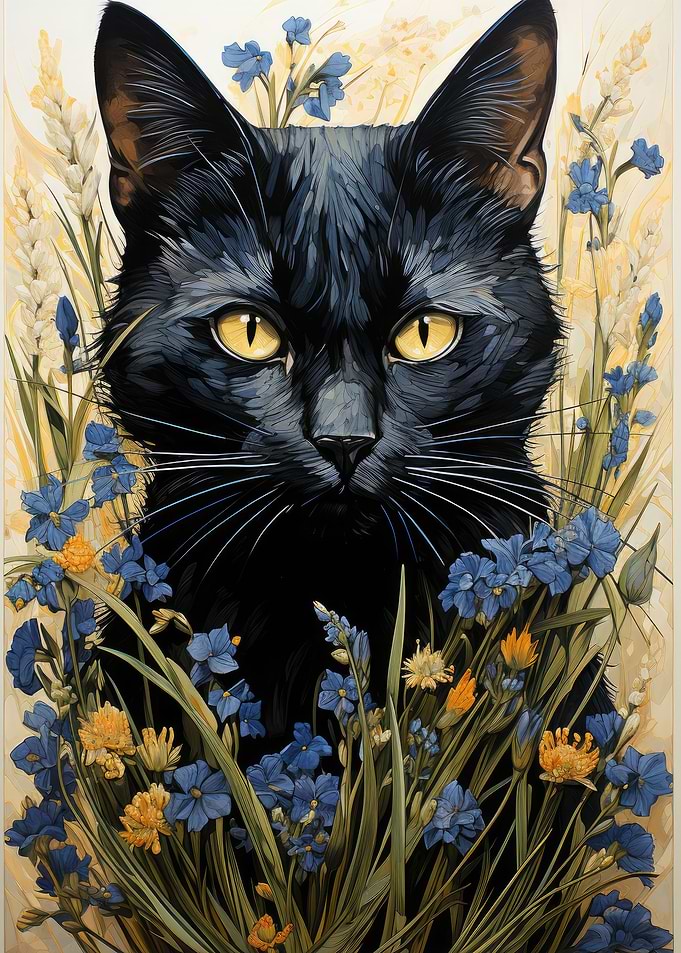 Black Cat and Flowers