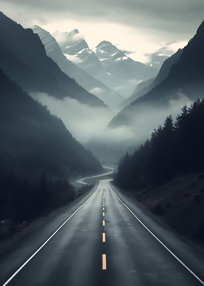 Road in foggy mountains
