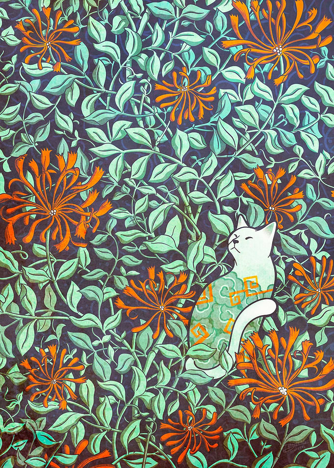 Cat and honeysuckle flower