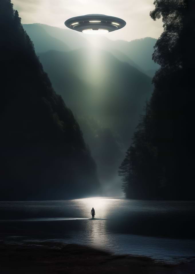 UFO over lake in mountains