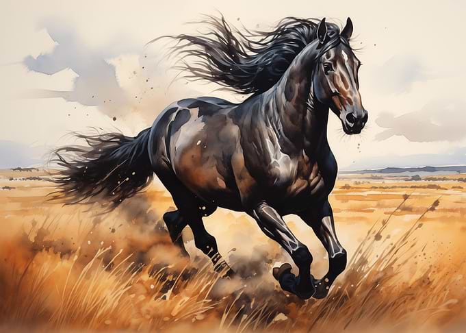 Running black horse