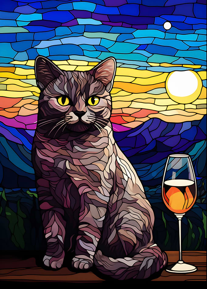 cat sit down and 1 glass