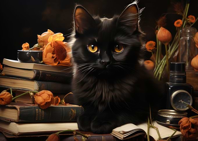 Cute Black Cat and Flowers