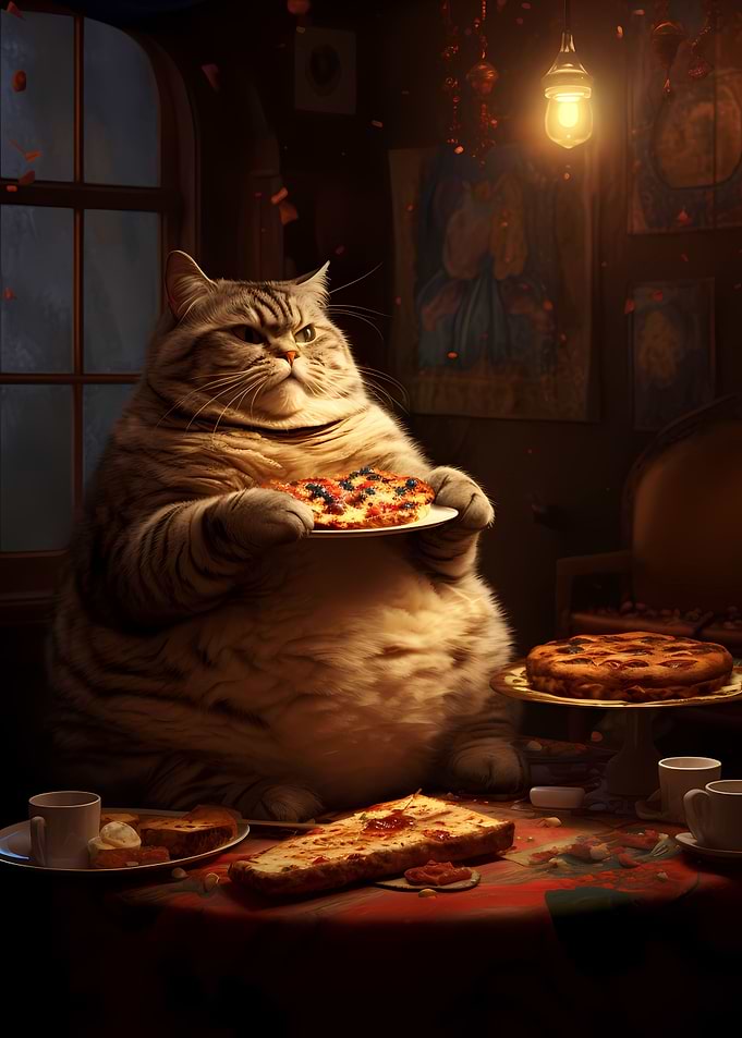 Fat Cat pet Eats Food Cake