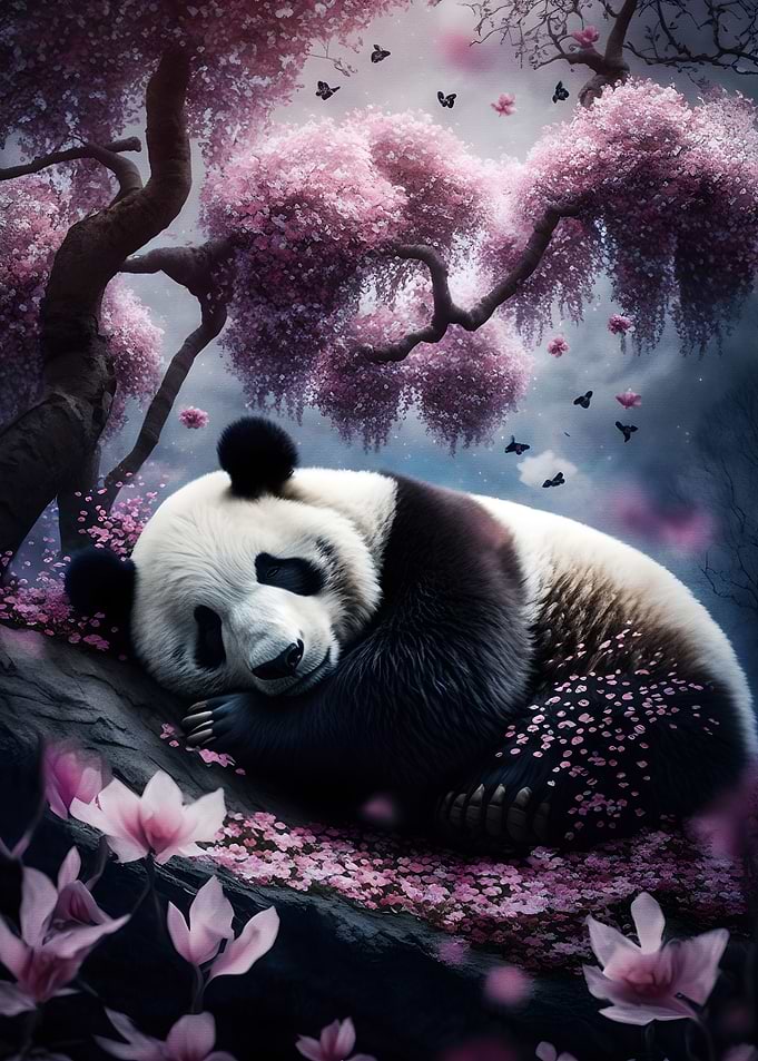 panda sleeping in cherry