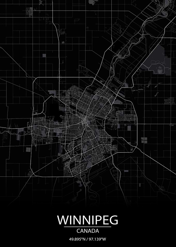 Winnipeg CA Black City Map
