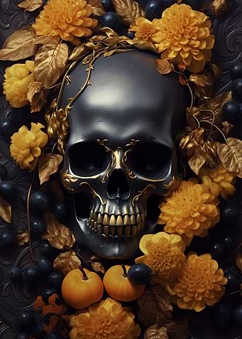 Black Skull Golden Flowers