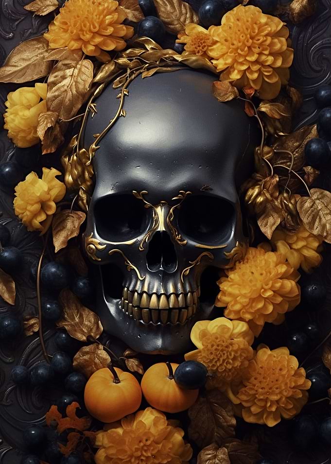 Black Skull Golden Flowers